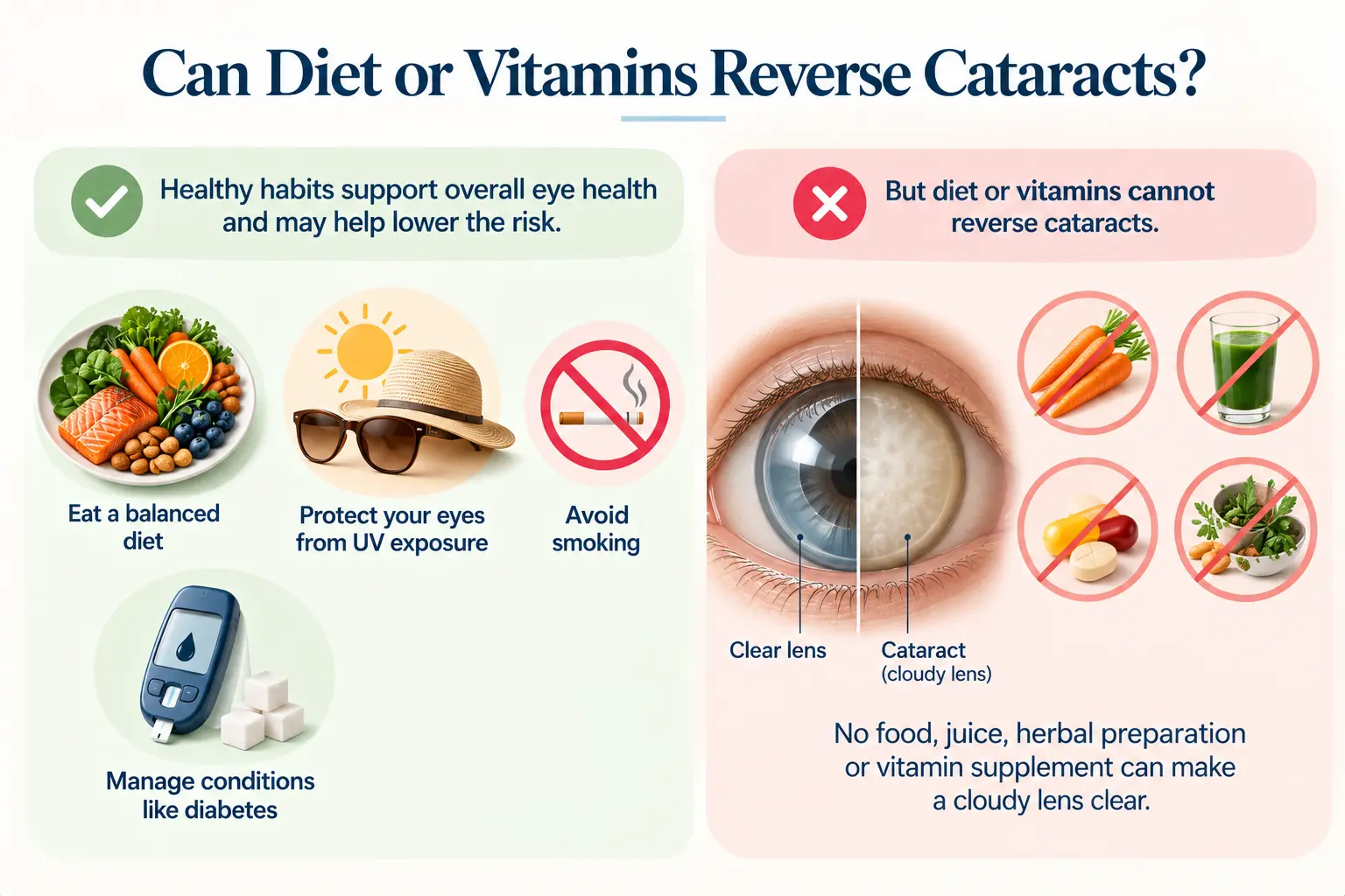 Can Cataract Be Cured Without Surgery? An Ophthalmologist Explains 3 Infographic showing healthy habits that support eye health, such as a balanced diet, UV protection and not smoking, beside foods, juices and supplements that cannot reverse a cataract