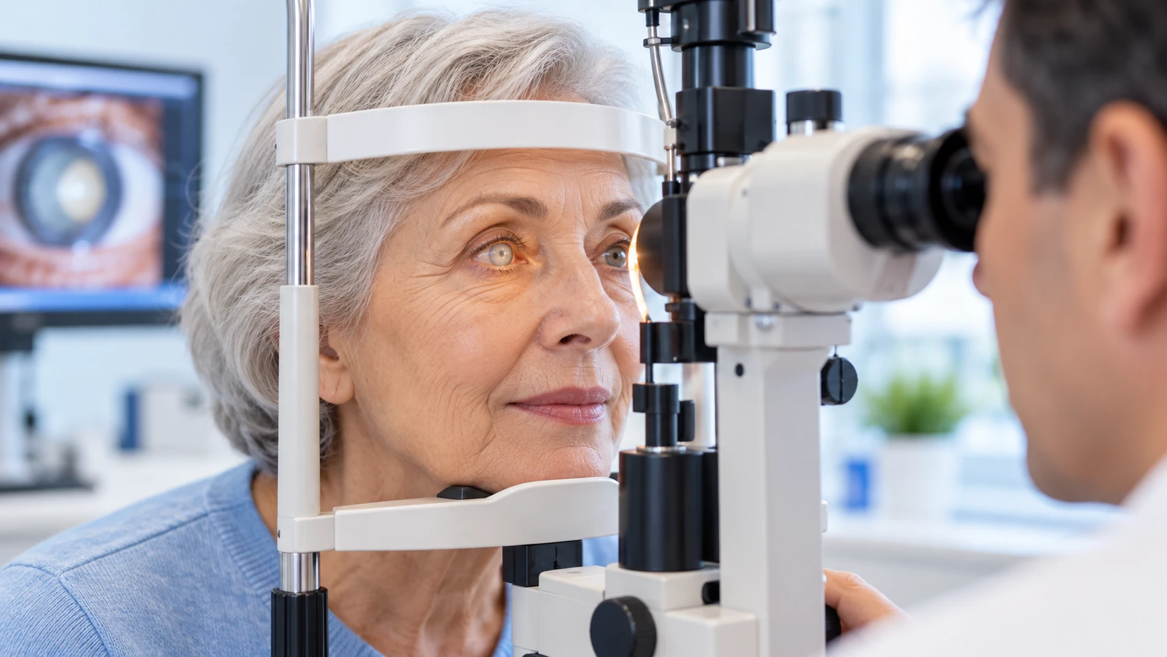 blog 33 Ophthalmologist examining an older woman's eyes with a slit lamp, with a magnified image of a cloudy cataract lens on the screen behind her