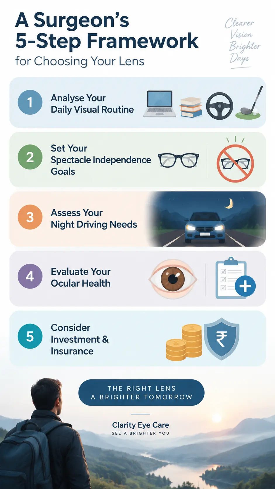 blog 34 Infographic of the 5-step framework a surgeon uses to choose a cataract lens: daily visual routine, glasses goals, night driving needs, eye health and cost