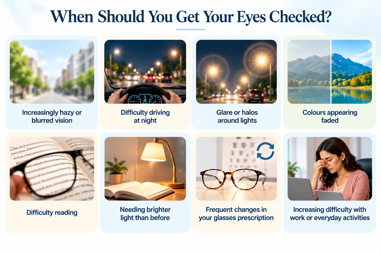 Can Cataract Be Cured Without Surgery? An Ophthalmologist Explains 5 Eight signs that need an eye examination, including hazy or blurred vision, difficulty driving at night, glare or halos around lights, faded colours and difficulty reading