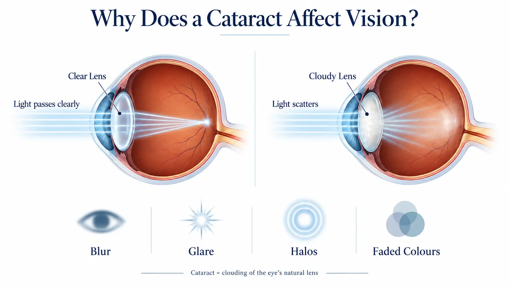 Can Cataract Be Cured Without Surgery? An Ophthalmologist Explains 2 Diagram comparing a clear lens focusing light on the retina with a cloudy cataract lens that scatters light, causing blur, glare, halos and faded colours